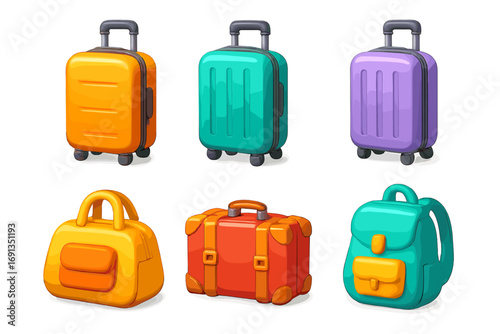 Travel luggage 3d icon collection. Colorful cartoon vector suitcases, backpack, and bags for vacation & tourism design. Isolated baggage set for holiday & journey graphics.