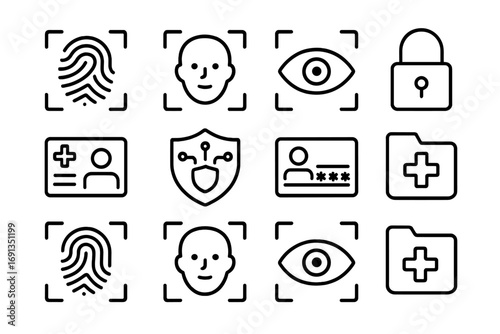 Biometric Healthcare Icons. Outline icon set of biometric access in healthcare: fingerprint, face ID, iris
