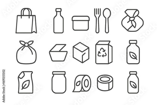 Eco-Friendly Icon Set. Outline icon set of eco-friendly packaging: paper bag, glass bottle, tin box, bamboo