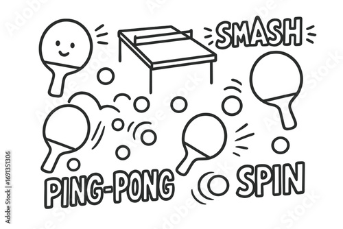 Table tennis ping pong doodle icon set. Vector cartoon illustration of table tennis elements. Hand drawn collection with paddle, ball, net, smash, and spin text. Sport graphic.