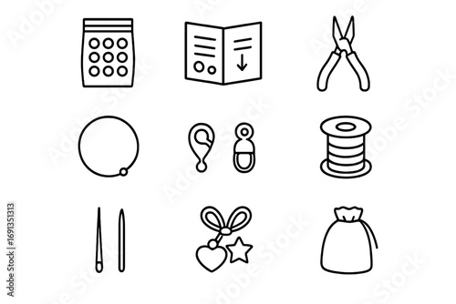 DIY Jewelry Kit Icons. Outline icon set of DIY jewelry kits: bead packet, instruction booklet, pliers,