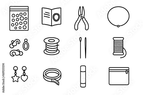 DIY Jewelry Kit Icons. Outline icon set of DIY jewelry kits: bead packet, instruction booklet, pliers,