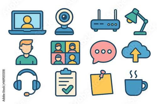 Remote work and home office icon set. Vector icons for telecommuting, freelance business, and virtual meetings. Online communication, workflow, and technology symbols.