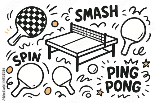 Hand-drawn table tennis doodle set. Ping pong cartoon vector illustration collection. Sport elements with paddle, racket, ball, and table. Playful terminology like smash and spin.