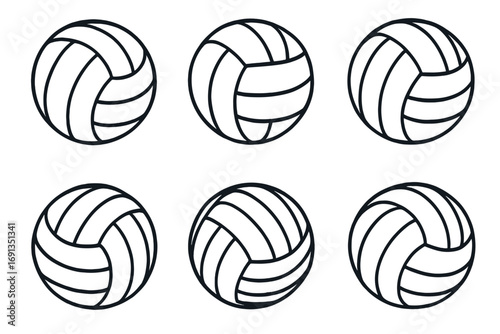 Set of six volleyballs line art vector illustration. Collection of sport balls for beach game. Sports equipment symbol or icon for team competition. Simple black outline.