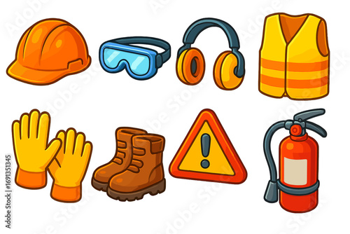 Industrial safety and construction work personal protective equipment icon set. Vector cartoon hard hat, vest, gloves, boots, goggles, fire extinguisher, and warning sign.
