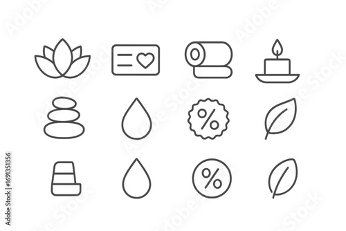 Spa Loyalty Icons. Outline icon set of spa and wellness loyalty programs: lotus flower, loyalty card, towel
