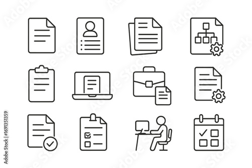Pack of Paper and Job Related Line Icons, Editable Stroke Vector Design for Websites, Apps, Cards, Includes Linear Document, Office Work, Business, Checklist, Computer, Briefcase, Calendar