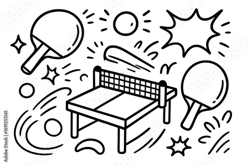 Table tennis doodle art set. Ping pong sport elements collection. Vector cartoon illustration with rackets, ball, and net table for game, activity or competition concept.