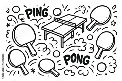Ping pong black and white doodle collection. Cartoon table tennis equipment including racket, ball, and table with net. Hand drawn vector line art for sports and leisure.