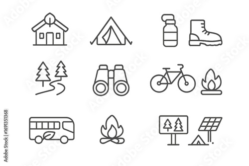 Eco Tourism Icons. Outline icon set of eco tourism: eco lodge, tent, reusable water bottle, hiking boot,