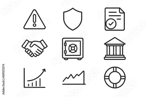Financial Crisis Icons. Outline icon set of financial crisis prevention: alert triangle, shield, policy