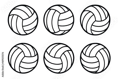 Set of six black and white line art volleyballs with unique geometric panel patterns, vector cartoon illustration, isolated on white background, sports equipment collection, clean design