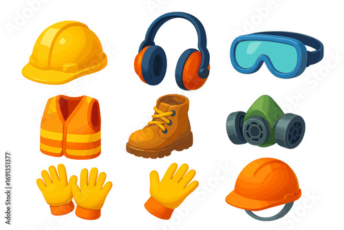 3D safety equipment icon set. Personal protective equipment for construction and workplace safety. Vector cartoon illustration of hard hat, gloves, boots, vest, goggles, respirator.
