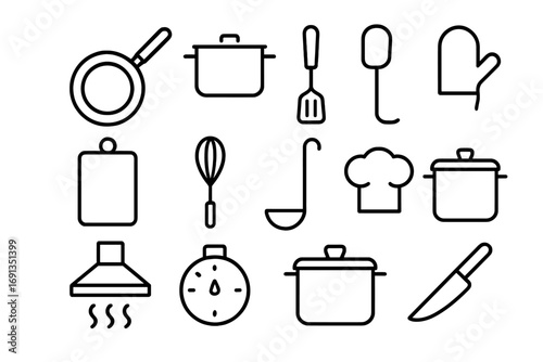 Cooking Essentials Icons. Outline icon set of cooking essentials: frying pan, saucepan, spatula, oven mitt,