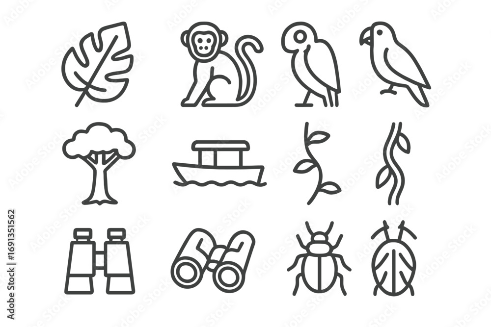 Fototapeta premium Rainforest Exploration Icons. Outline icon set of rainforest exploration: jungle leaf, monkey, parrot, tree