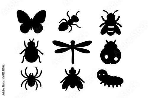 Silhouette icons of insects and bugs including butterfly, ant, bee, dragonfly, spider, fly, ladybug, caterpillar, vector cartoon illustration with transparent background, ordered set