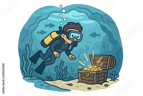Underwater adventure scene. Scuba diver discovers treasure chest full of gold coins on the seabed. Sunken fortune concept. Vector cartoon illustration of wealth and discovery.