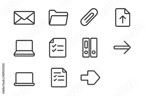 Student Submission Icons. Outline icon set of student submissions: envelope, homework folder, paperclip,