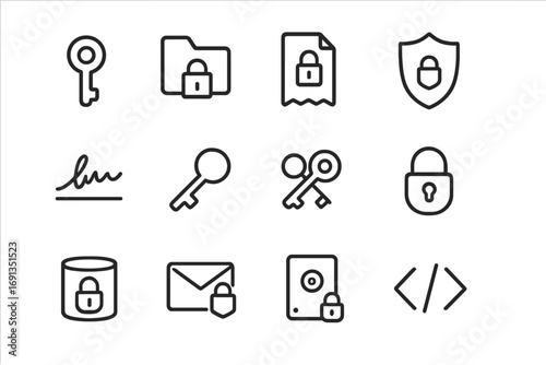 Encryption Icon Set. Outline icon set of encryption practices: encryption key, lock folder, SSL certificate,