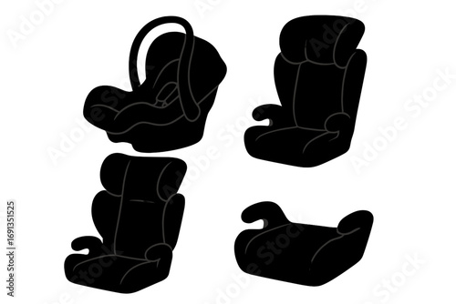 Silhouette set of child car seats in various styles and positions, safe baby seat vector illustration, booster seat and infant carrier, child safety car accessories
