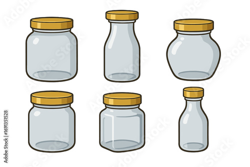Empty glass jars and bottles with gold lids for storage and preservation. Vector icon set for kitchen canning, jam, honey, or DIY craft projects. Clear container collection.