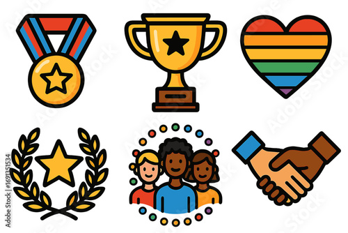 Vector icon set for diversity, inclusion, and success. Concepts of equality, teamwork, community support, LGBTQ pride, achievement, and awards. Collection of modern line icons.