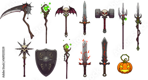 A collection of fantasy weapons and a carved jack-o'-lantern, digitally illustrated with detail.