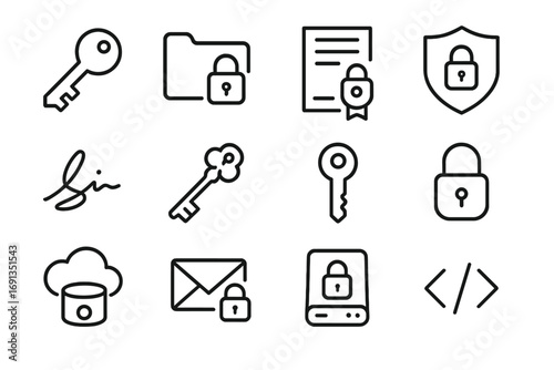 Encryption Icon Set. Outline icon set of encryption practices: encryption key, lock folder, SSL certificate,