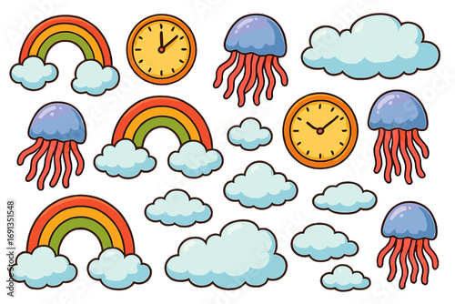 Cute cartoon doodle set with rainbow, clock, jellyfish, and clouds. Colorful vector illustration collection for kids. Kawaii weather and sea animal elements for design.