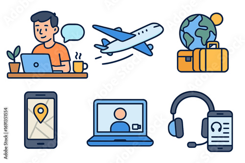 Digital nomad icon set. Remote work lifestyle concept. Freelancer working online with laptop. Travel, technology, and global business symbols. Vector cartoon illustration.