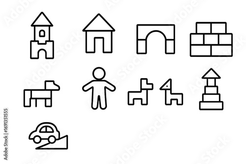 Imaginative Block Play Icons. Outline icon set of imaginative block play: castle tower, house block, bridge,
