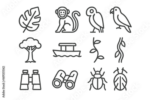 Rainforest Exploration Icons. Outline icon set of rainforest exploration: jungle leaf, monkey, parrot, tree