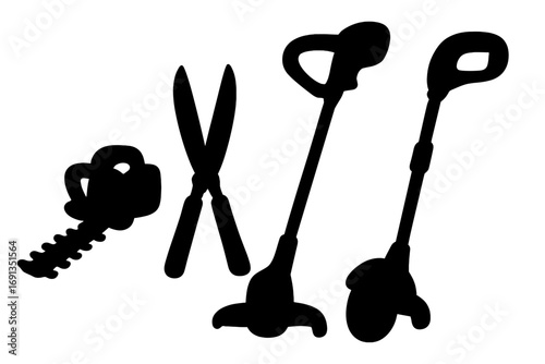 Silhouette set of garden trimmers and edgers vector clipart, black gardening tools silhouette, landscape maintenance icons, lawn care illustration, transparent background