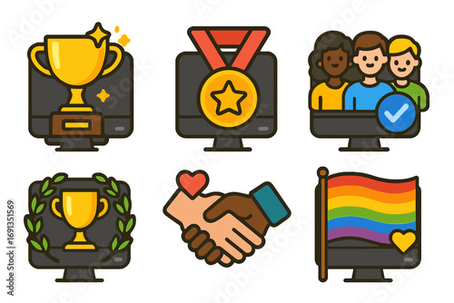 Vector icon set for diversity, inclusion, and achievement. Symbols of teamwork, success, and LGBTQ pride. Trophy, medal, diverse community, handshake, and rainbow flag icons.