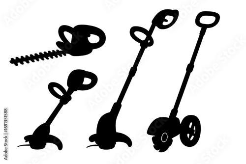 Silhouette set of garden trimmers and edgers vector illustration, black gardening tools collection, lawn care equipment silhouettes, garden maintenance icons, landscaping design elements