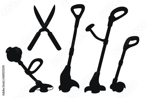 Silhouette set of garden trimmers and edgers vector illustration, black gardening tools collection for lawn care, hedge cutting, grass trimming, yard maintenance, landscaping equipment