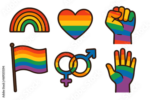 LGBTQ pride symbols vector icon set. Cartoon collection with rainbow flag colors. Includes heart, fist, and gender signs for gay rights, love, equality, and support.