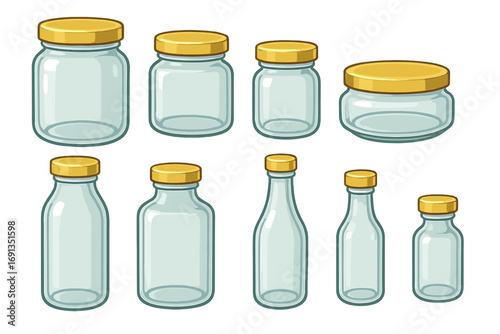 Glass jars and bottles with gold lids for kitchen storage, preservation, and canning. Empty clear container set for food, crafts, or mockup. Vector cartoon illustration.