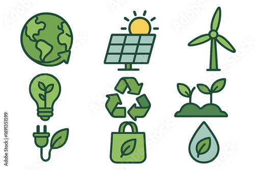 Eco friendly icon set. Green energy and ecology symbols. Sustainability, conservation, recycling concept. Vector illustration of planet earth, solar panel, wind power, plants.