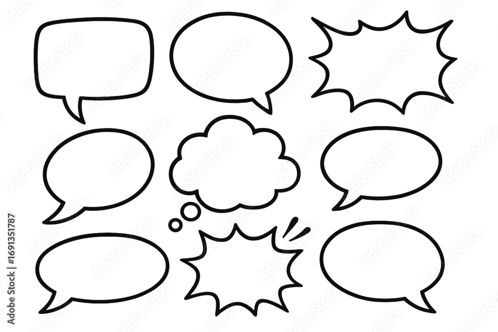 Fototapeta premium Set of speech bubbles. Comic dialog box for chat message or communication. Cartoon doodle sketch style. Quote box. Pop art design element. Thinking cloud and shouting explosion.