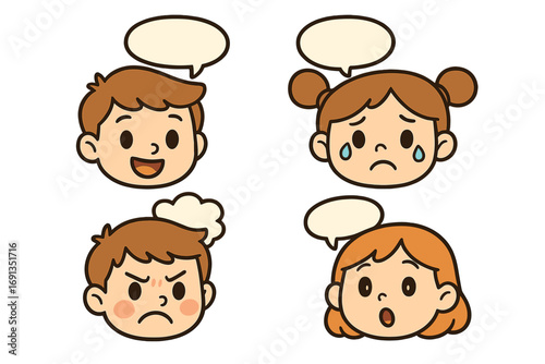 Cute kids expressions cartoon faces with speech bubbles for emotional learning. Vector set of boy and girl avatars showing happy, sad, angry, surprised feelings. Child head icons.