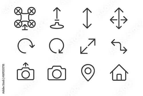 Drone Remote Icons. Outline icon set of drone remote buttons: take off, land, altitude up, altitude down,