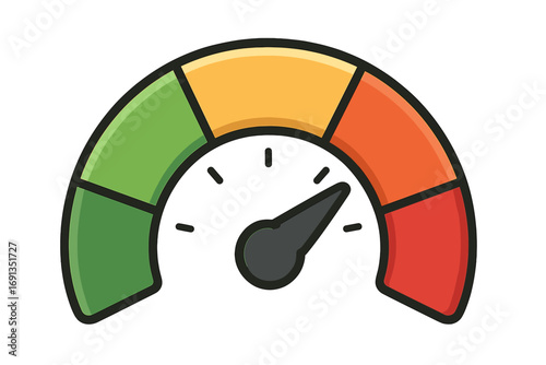 Gauge meter for performance measurement. Speedometer icon showing levels from low to high. Risk indicator, quality rating, satisfaction score. Vector illustration dial.