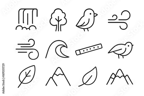 Nature Soundscape Icons. Outline icon set of nature-inspired soundscapes: waterfall, forest tree, bird, wind