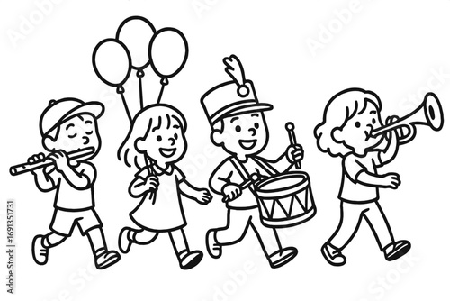Children's parade celebration with cute cartoon kids marching in a band. Vector line art illustration of happy musicians playing instruments like flute, drum and trumpet.