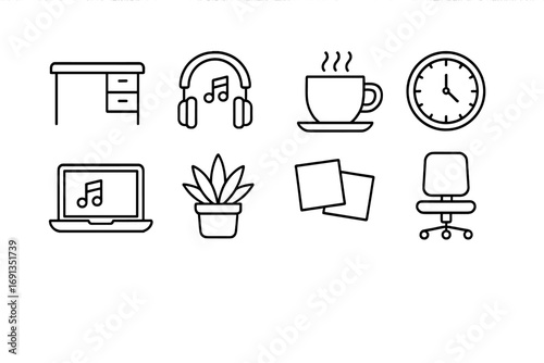 Mindful Work Break Icons. Outline icon set of mindful breaks at work with music: desk, headphones, coffee cup,