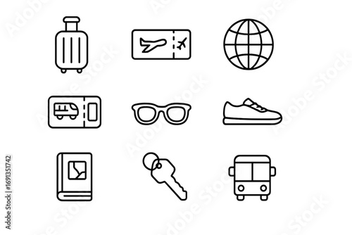 Travel Icons Collection. Outline icon set of travel essentials: suitcase, boarding pass, world globe, train