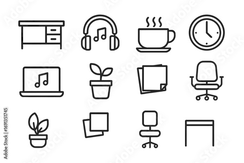 Mindful Work Break Icons. Outline icon set of mindful breaks at work with music: desk, headphones, coffee cup,