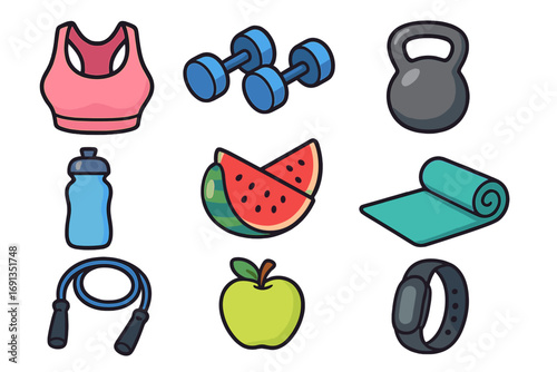Stylish fitness icons set with equipment and accessories for a healthy lifestyle, workout essentials, exercise gear, hydration, nutrition, and wellness concepts, vector cartoon illustration
